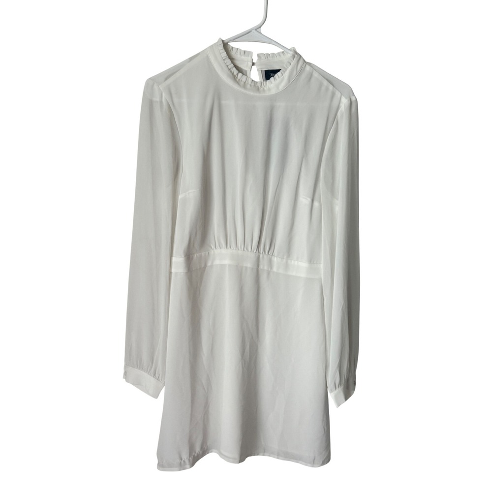 ModCloth Ivory Ruffle High Neck Long Sleeve Empire Waist Mini Dress Size 6 NEW